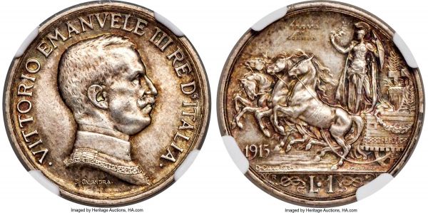 Lot 30459 > Vittorio Emanuele III silver Prova Lira 1915-R MS63 NGC, Rome mint, KM-PrB26, Pag-259. A very rare pattern for the Lira, produced with a business strike finish but in Proof quality. Primarily a pearly argent in color, pale aurous patina permeating the devices and creating a charming two-tone effect, devices fully rendered and engraved to an exceptional medallic standard. 