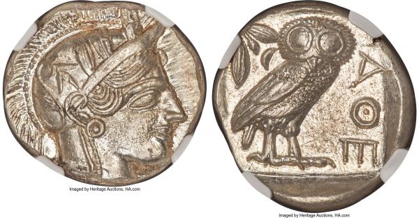 Lot 30046 > ATTICA. Athens. Ca. 440-404 BC. AR tetradrachm (25mm, 17.20 gm, 3h). NGC MS 5/5 - 5/5. Mid-mass coinage issue. Head of Athena right, wearing crested Attic helmet ornamented with three laurel leaves and vine scroll / AΘE, owl standing right, head facing; olive sprig and crescent moon behind, all within incuse square. HGC 4, 1597. SNG Copenhagen 31-40. Kroll 8. 