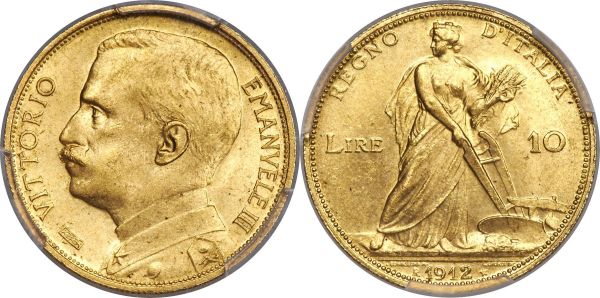 Lot 30460 > Vittorio Emanuele III gold 10 Lire 1912-R MS65 PCGS, Rome mint, KM47, Fr-29. Mintage: 6,796. The rarest issue of the design-identical 20, 50, and 100 Lire denominations, the 1912-R 10 Lire stands as one of the most desirable and difficult issues of the Italian series, particularly so when encountered in gem condition - a status obtained by only a small handful certified to date. Satiny and lustrous, with abundant visual charm and no marks of consequence to deter the eye. 