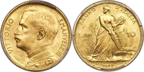 Lot 30461 > Vittorio Emanuele III gold 10 Lire 1912-R MS64+ PCGS, Rome mint, KM47, Fr-29. A very conditionally scarce issue that saw only 6,796 struck. Satiny and bright, with soft mint luster washing over the well-kept surfaces. 