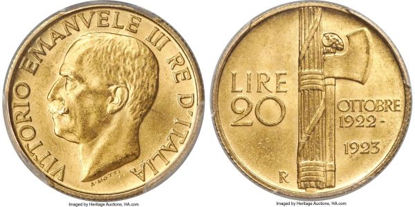 Lot 30462 > Vittorio Emanuele III gold 20 Lire 1923-R MS64 PCGS, Rome mint, KM64, Fr-31. A uniformly canary-yellow example of this fascist-era Italian gold, draped with satiny yet cartwheeling luster throughout the fields. A type seldom found in such high-end quality, tied with only three others for the finest graded at PCGS.