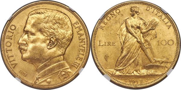 Lot 30463 > Vittorio Emanuele III gold 100 Lire 1912-R MS62 NGC, Rome mint, KM50, Fr-26. Mintage: 4,946. A desirable low-mintage type offering aurous mint luster without any larger instances of handling to deter the eye.