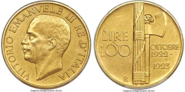 Lot 30464 > Vittorio Emanuele III gold 100 Lire 1923-R MS62 Matte PCGS, Rome mint, KM65. A popular one-year type, introduced to commemorate the first anniversary of the fascist regime in Italy. A soft, satiny near-choice example with only light evidence of handling in the delicate Matte fields, placing it in line with its current grade.