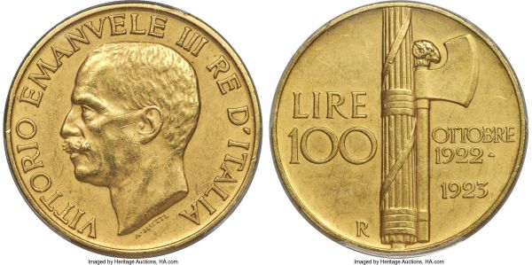 Lot 30465 > Vittorio Emanuele III gold 100 Lire 1923-R MS62 Matte PCGS, Rome mint, KM65, Fr-30. Mintage: 20,000. Struck as a one-year type in a matte finish to commemorate the first anniversary of the fascist regime in Italy. A popular issue that continues to see strong collector demand. 