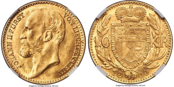 Lot 30467 > Johann II gold 10 Kronen 1900 MS64+ NGC, KM-Y5. A lower mintage issue that saw only 1,500 examples produced. Luxuriously silky luster pervades over surfaces that have seen gentle care in the past century, confirming the specimen entirely in its borderline gem certification. 