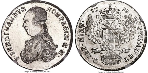 Lot 30468 > Ferdinand Hompesch 15 Tari 1798 MS63 NGC, KM344. Believed to have been struck during the French occupation of Malta (1798-1800). Simply sublime, the surfaces blast-white and lightly Prooflike, the strike complete and strong. Unheard of in such a pristine state of preservation, the sole example with a Mint State grade at either PCGS or NGC and unrivaled by any uncertified examples we have been able to find. Sure to attract much attention as an exquisite conditional rarity of a historically important type.