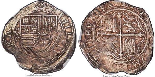 Lot 30469 > Philip II Cob 8 Reales ND (1556-1598) Mo-O AU55 NGC, Mexico City mint, KM43, Cal-156. 27.33gm. A highly attractive and apparently exceedingly rare type, with this being only the second example we have sold and been able to locate coming to auction in the past several decades, with the last bringing an astounding $20,400 in our September 2018 Long Beach sale (lot 34564). Close inspection of the fields reveals that this piece was clearly struck from highly polished dies, with a sizable die shift noted on the obverse, producing a truly singular appearance.  Ex. Espinola Collection