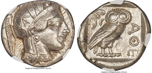 Lot 30047 > ATTICA. Athens. Ca. 440-404 BC. AR tetradrachm (25mm, 17.21 gm, 2h). NGC MS 5/5 - 5/5. Mid-mass coinage issue. Head of Athena right, wearing crested Attic helmet ornamented with three laurel leaves and vine scroll / AΘE, owl standing right, head facing; olive sprig and crescent moon behind, all within incuse square. HGC 4, 1597. SNG Copenhagen 31-40. Kroll 8. 