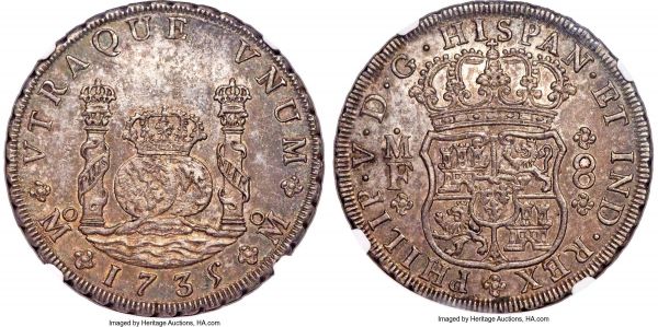 Lot 30471 > Philip V 8 Reales 1735 Mo-MF MS62 NGC, Mexico City mint, KM103, Cal-779. A wholesome and original piece, well-struck and dappled with deep but attractive tone. An impressive representative of this early date.