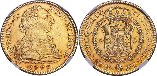 Lot 30472 > Charles III gold 8 Escudos 1777/6 Mo-FM AU53 NGC, Mexico City mint, KM156.2, Onza-767. Scarce overdate variety. An intensely attractive piece despite some circulation wear, the surfaces lightly reflective and with hints of red around the devices.