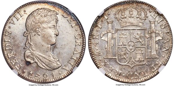 Lot 30476 > Ferdinand VII 4 Reales 1821 Mo-JJ MS62 NGC, Mexico City mint, KM102. A conditionally scarce issue serving as the final date for the series, a consequence of Mexican independence, which was achieved in the same year. In addition to this clear historical importance the offering exudes Mint State quality, offering ample luster amidst hints of hazelnut and iridescent blue tones, a single spot of toning noted below Ferdinand's shoulder for completeness. Of the three examples NGC has presently certified in uncirculated condition only a single representative certifies finer. 