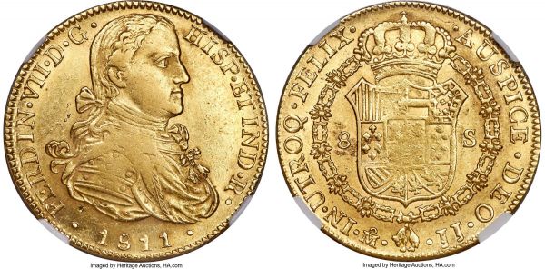 Lot 30477 > Ferdinand VII gold 8 Escudos 1811 Mo-JJ AU58 NGC, Mexico City mint, KM160, Fr-47. Attractively lustrous over satiny surfaces revealing only a minimum of disturbance considering any time spent in circulation. Though struck softly in the centers, this coin represents a quality of preservation that is clearly on the cusp of Mint State. 