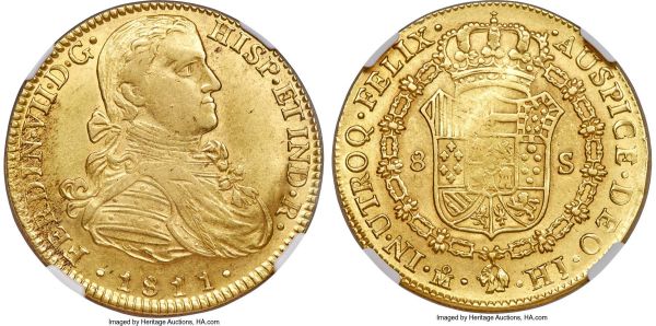 Lot 30478 > Ferdinand VII gold 8 Escudos 1811 Mo-HJ AU55 NGC, Mexico City mint, KM160. A soft sun-yellow example of this short-lived type, displaying the typical weak strike on the obverse cheek and central reverse areas.