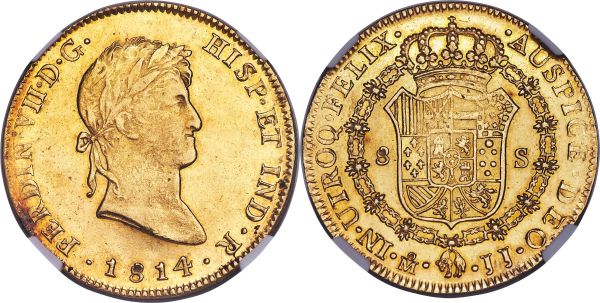 Lot 30479 > Ferdinand VII gold 8 Escudos 1814 Mo-JJ MS60 NGC, Mexico City mint, KM161. Highly lustrous, a hint of rub on the obverse portrait contributing to the assigned grade.