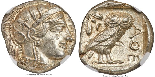 Lot 30048 > ATTICA. Athens. Ca. 440-404 BC. AR tetradrachm (24mm, 17.23 gm, 6h). NGC MS 5/5 - 5/5. Mid-mass coinage issue. Head of Athena right, wearing crested Attic helmet ornamented with three laurel leaves and vine scroll / AΘE, owl standing right, head facing; olive sprig and crescent moon behind, all within incuse square. HGC 4, 1597. SNG Copenhagen 31-40. Kroll 8.