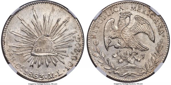 Lot 30480 > Republic 8 Reales 1863 Ce-ML MS61 NGC, Real de Catorce mint, KM377.1, DP-Ce01. A superior example of this scarce issue, rare in this condition and bearing a strike much stronger than is often to be found even at this level. The reverse is especially nice, its surfaces sleek and abounding with satiny luster.