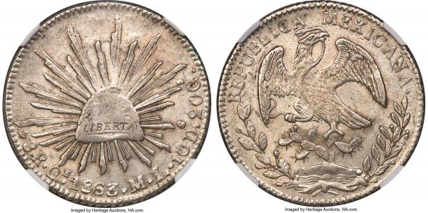 Lot 30481 > Republic 8 Reales 1863 Ce-ML AU58 NGC, Real de Catorce mint, KM377.1, DP-Ce01. Just a hair's breadth from Mint State condition, with softly satiny surfaces that reveal mint luster throughout, the lightness of the strike not to be confused for any heavier degree of wear. Exceedingly light residue deposits are noted at the obverse peripheries, but this charming selection remains a covetable example of this single-year issue from the Real de Catorce mint. 