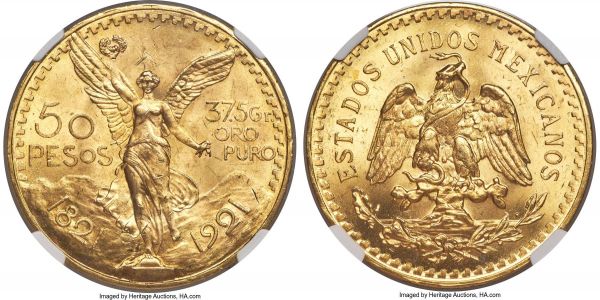 Lot 30484 > Estados Unidos gold 50 Pesos 1921 MS64+ NGC,  Mexico City mint, KM481, Fr-172. The scarcer first date in the series, struck on the centennial of Mexican Independence, the surfaces satiny and appealing, fully justifying the assigned near-gem grade. 