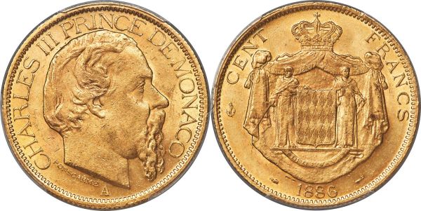 Lot 30488 > Charles III gold 100 Francs 1886-A MS63+ PCGS, Paris mint, KM99, Gad-MC122. Rich gold in color, with warm luster enlivening the planchet. A truly choice selection of the type. 