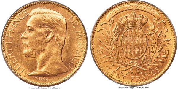 Lot 30489 > Albert I gold 100 Francs 1891-A MS63 PCGS, Paris mint, KM105, Gad-MC124. A satiny selection with only light instances of handling to speak of. AGW 0.9334 oz. 