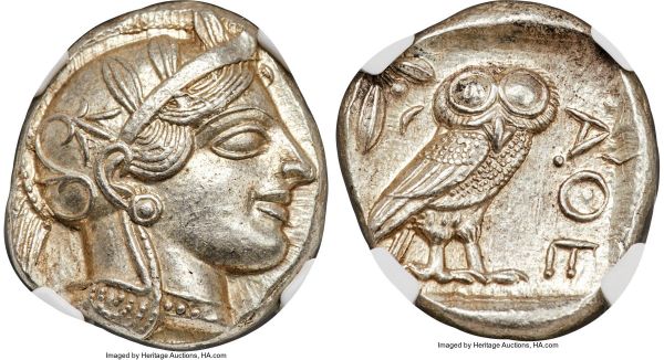 Lot 30049 > ATTICA. Athens. Ca. 440-404 BC. AR tetradrachm (25mm, 17.20 gm, 6h). NGC MS 5/5 - 5/5. Mid-mass coinage issue. Head of Athena right, wearing crested Attic helmet ornamented with three laurel leaves and vine scroll / AΘE, owl standing right, head facing; olive sprig and crescent moon behind, all within incuse square. HGC 4, 1597. SNG Copenhagen 31-40. Kroll 8.
