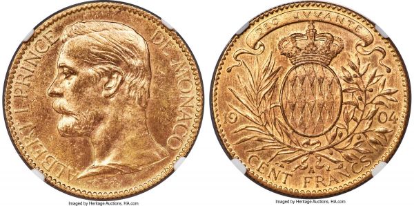Lot 30490 > Albert I gold 100 Francs 1904-A MS63 NGC, Paris mint, KM105. Champagne toned throughout, with a resulting unique visual allure that makes for a desirable example of the issue. AGW 0.9334 oz.