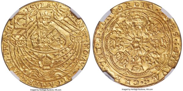 Lot 30492 > Kampen. City gold Imitative Rose Noble ND (1590-93) MS63 NGC, Kampen mint, Fr-151, Delm-1106. 7.48gm. MON | NO : AV • CIVI • CAMPEN • VALO : TRAN | • ISVLAN, king standing in ship facing, holding sword and shield, a flag bearing a C at the stern / (Castle mm) CONCORDIA RRS PARVÆ CRESCVNT, rose over sun with lions passant, crowns, and lis, trefoils in spandrels. A marvelous 17th century imitative issue struck on a broad and lustrous flan, any handling shown sufficiently scant as to be essentially relevant.