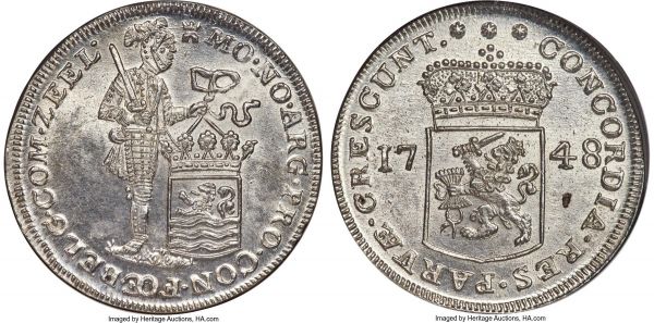 Lot 30493 > Zeeland. Provincial silver 2 Ducats 1748 MS64 NGC, KM52.2, Dav-1847, Delm-976a (R1). 55.71gm. Immensely bright and well-kept for this heavy type, with blooming argent luster that traverses the open expanses, these decorated in gentle hints of silvery tone. With only a single small planchet flaw noted on the reverse, this remains the finest of its type and date yet seen by NGC. 