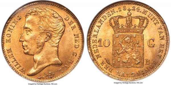Lot 30494 > Willem I gold 10 Gulden 1824-B MS66 NGC, Brussels mint, KM56. The finest example the date we have had the privilege to offer, nearly flawless and decorated by tinges of sea green. AGW 0.1947 oz. From the Caranett Collection