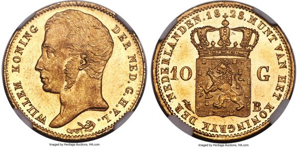 Lot 30495 > Willem I gold 10 Gulden 1828-B MS65 NGC, Brussels mint, KM56, Fr-327. Highly lustrous, with the gem preservation evident upon even cursory inspection. Watery in the fields, just a hint of satiny texturing over the devices lending an element of visual contrast. 
