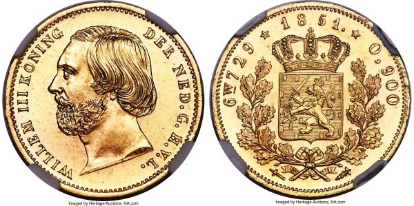 Lot 30496 > Willem III gold 10 Gulden 1851 MS65 NGC, KM95, Fr-340. Of a semi-medallic finish and preservation, this gem example offers fully rendered, sharp devices, the obverse fields positively mirrorlike and watery when held to light. Tied for finest certified by NGC to-date, a distinction that will reveal itself to be fully deserved to anybody with the fortune to experience the offering in hand.  From the Caranett Collection