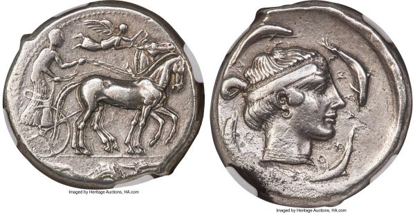 Lot 30005 > SICILY. Syracuse. Second Democracy (ca. 450-440 BC). AR tetradrachm (26mm, 16.97 gm, 8h). NGC XF 4/5 - 2/5, brushed. Charioteer driving quadriga walking right, kentron in right hand, reins in both; Nike flying right above to crown the horses, ketos right in exergue / ΣYRAKO-Σ-I-O-N, head of Arethusa right, wearing wide taenia, pendant earring and pearl necklace, hair pulled up under taenia and looped over back; four dolphins swimming clockwise around. Boehringer 536 (V274/R374). SNG ANS 171 (same reverse die) and 172-5 (same obverse die).  Ex Classical Numismatic Group, Triton XVII (7 January 2014), lot 65; Peus 405 (2 November 2011), lot 2186