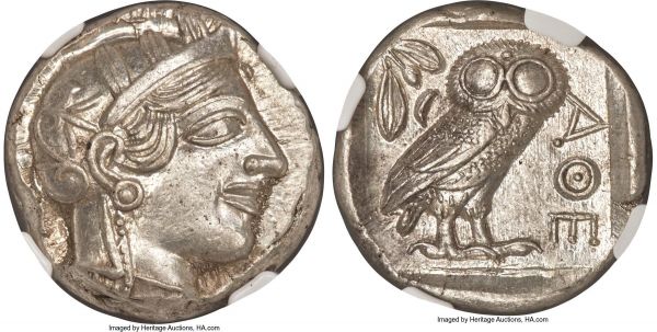 Lot 30050 > ATTICA. Athens. Ca. 440-404 BC. AR tetradrachm (24mm, 17.18 gm, 10h). NGC MS 5/5 - 5/5. Mid-mass coinage issue. Head of Athena right, wearing crested Attic helmet ornamented with three laurel leaves and vine scroll / AΘE, owl standing right, head facing; olive sprig and crescent moon behind, all within incuse square. HGC 4, 1597. SNG Copenhagen 31-40. Kroll 8. 