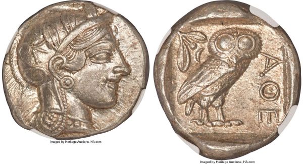 Lot 30051 > ATTICA. Athens. Ca. 440-404 BC. AR tetradrachm (25mm, 17.19 gm, 10h). NGC Choice AU S 5/5 - 5/5. Mid-mass coinage issue. Head of Athena right, wearing crested Attic helmet ornamented with three laurel leaves and vine scroll / AΘE, owl standing right, head facing; olive sprig and crescent moon behind, all within incuse square. HGC 4, 1597. SNG Copenhagen 31-40. Kroll 8. 