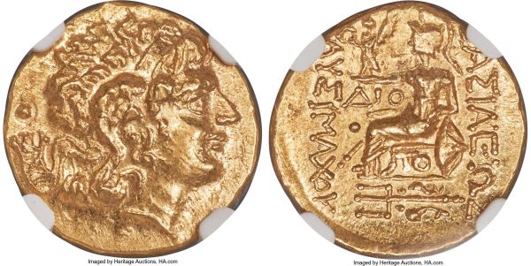 Lot 30053 > PONTIC KINGDOM. Mithradates VI Eupator (120-63 BC). AV stater (19mm, 8.29 gm, 12h). NGC Choice MS 4/5 - 5/5. Late posthumous issue of Tomis, in the name and type of Lysimachus of Thrace, ca. 88-86 BC. Diademed head of deified Alexander III right, wearing horn of Ammon; pellet behind / BAΣIΛEΩΣ / ΛYΣIMAXOY, Athena seated left, left elbow resting on shield, Nike in right hand crowning royal name, transverse spear beyond; ΔΙO above pellet to inner left, TO below throne, filleted trident left in exergue. Müller 277. SNG Copenhagen 1093. De Callatay 141-2.  Note - the pellets on both sides are not noted in the references and there are examples with and without pellets on either side.