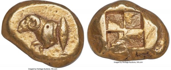 Lot 30056 > MYSIA. Cyzicus. Ca. 550-450 BC. EL stater (22mm, 15.99 gm). NGC Choice VF 5/5 - 2/5, brushed. Forepart of ram running left; tunny upward behind / Quadripartite mill-sail incuse square. Greenwell 132. Boston MFA 1420.