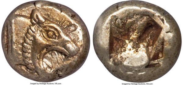 Lot 30058 > IONIA. Uncertain mint. Ca. 650-550 BC. EL sixth-stater or hecte (10mm, 2.32 gm). NGC Choice AU 4/5 - 5/5. Lydo-Milesian standard. Head of lion right, mouth open / Incuse square punch with rough interior. cf. Linzalone 1123 (Smyrna, hemihecte). Cf. Weidauer 184 (stater). Traité -. SNG Kayhan -. Apparently unpublished in the standard references. Superb early post-archaic style.