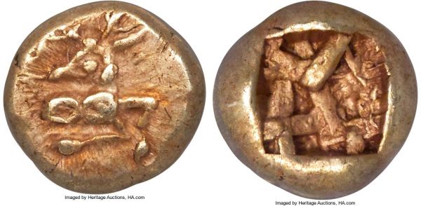 Lot 30059 > IONIA. Ephesus. Phanes (ca. 625-600 BC). EL 1/12 stater or hemihecte (8mm, 1.17 gm). NGC XF 5/5 - 4/5. Forepart of stag right, head reverted / Abstract geometric pattern within incuse square punch. Weidauer 36-7. Linzalone LN1104 var. (stag left). Traite pl. II, 20.  Phanes was evidently a Carian or Ephesian minister or aristocrat of the later 7th century BC. The name is known from a rare group of electrum staters and a lesser denominations that bear a stag and the Greek legend 