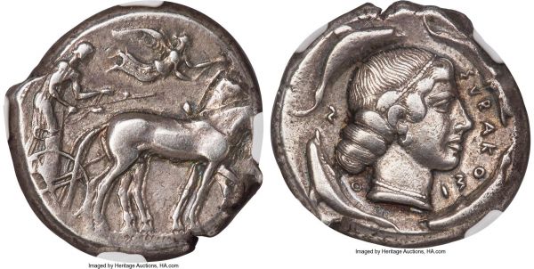 Lot 30006 > SICILY. Syracuse. Second Democracy (ca. 450-440 BC). AR tetradrachm (24mm, 17.21 gm, 8h). NGC Choice VF 4/5 - 4/5. Ca. 450 BC. Charioteer driving quadriga walking right, kentron in right hand, reins in both; Nike flying right above to crown the horses, ketos right in exergue / ΣYRAKOΣI-O-N, diademed head of Arethusa right, hair in four large rolls behind, wearing pendant earring and pearl necklace; four dolphins swimming clockwise. Boehringer 517 (V271/R368). SNG ANS 166.  Ex Classical Numismatic Group, Auction 96 (14 May 2014), lot 13