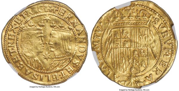 Lot 30600 > Catalonia. Philip III gold Trentin ND (1598-1621) AU50 NGC, Barcelona mint, KM-A7, Fr-39a, Cay-2906/5016, Cal-69. 7.12gm. Imitating a 2 Excelentes of Ferdinand and Isabella. Variety with two 6-pointed stars on the obverse, one above and one below the facing busts of Ferdinand and Isabella. A choice example of the type, exhibiting light wear and a slightly weak strike in some areas, as typical for this hammered type, but overall quite nice, the legends legible in their entirety and indeed much of the original detail still fully present.