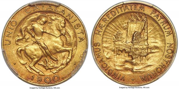 Lot 30601 > Catalonian Union gold Specimen Pattern 20 Pesetas 1900 SP64 PCGS, Barcelona mint, Cal-88. A scarce issue struck for the Catalonian Union. Patterns were issued in a variety of denominations, each bearing the same obverse design of St. George, the patron saint of Catalonia, slaying the dragon, with the reverse designs varying by type. Struck in a matte-like finish, with crimson tones adding an enlivening color contrast. 