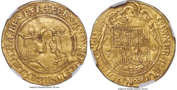 Lot 30604 > Ferdinand & Isabella (1474-1504) gold 2 Excelentes ND (1476-1516)-T AU53 NGC, Toledo mint, Fr-130, Cal-89. 6.96gm. A scarcer variety with T—+ marks on the reverse. A wholesome example, strongly struck devices clearly evident despite some circulation wear.