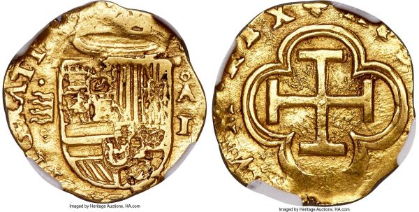 Lot 30605 > Philip II gold Cob Escudo ND (1556-1598)-AO XF Details (Damaged) NGC, Valladolid mint, Cal-128, Fr-179a (9th edition). 3.34gm. A very rare type for the Valladolid mint, with only a small handful of examples come to auction in the past several years. A fleeting opportunity thus, one that may not present itself again for quite some time. 