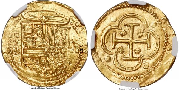 Lot 30607 > Philip II gold Cob 2 Escudos ND (1556-1598) T-M MS63 NGC, Toledo mint, Fr-170, Cal-90. 6.71gm. 'M' in circle. Choice Mint State, all diagnostic features boldly rendered and lit through silky mint luster. Unusual quality for this Cob type. 