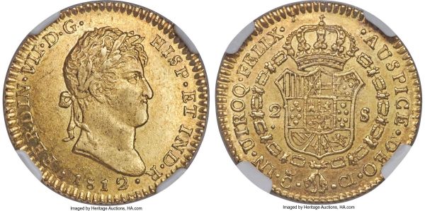 Lot 30614 > Ferdinand VII gold 2 Escudos 1812 C-CI MS62 NGC, Cadiz mint, KM468, Fr-313. A deceivingly rare type in Mint State condition, featuring the bare laureate bust of Ferdinand VII. Struck on a very slightly convex flan that curves minimally inward towards the peripheries only to be met by the raised denticles of the rims, creating a modest deep-dish appearance that is quite appealing to the eye. Lightly lustrous and permeated by tinges of coppery color.