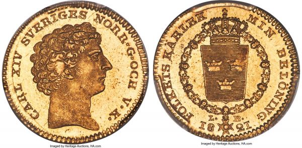 Lot 30621 > Carl XIV Johan gold Ducat 1821-LB MS65+ PCGS, Stockholm mint, KM594, Fr-84, SGM-18. An impressive offering, lightly Prooflike and glowing with enchanting luster. The weakness of strike in the ear area appears on other examples to a lesser extent, perhaps indicating a later die state or excessive polishing prior to the striking of this piece. Only the second example we have offered, and by far the finest certified across both major grading companies.  From the Caranett Collection