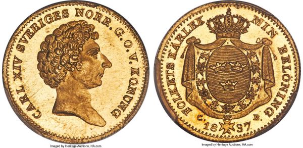 Lot 30622 > Carl XIV Johan gold Ducat 1837-CB MS65 PCGS, Stockholm mint, KM628a, Fr-87, SGM-36. A superb piece with undeniably Prooflike qualities, absolutely gem and virtually as struck. From the Caranett Collection