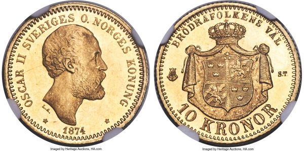 Lot 30627 > Oscar II gold Proof 10 Kronor 1874-ST PR65 Ultra Cameo NGC, Stockholm mint, KM732 (unlisted in Proof), Fr-94, SGM-29 (no Proofs recorded). A very rare type as a Proof/Specimen issue, and an offering that currently stands at the lone example certified by NGC to-date, impressively so at the gem level of certification, with satiny devices contrasting sublimely against mirrored reflective fields to yield a distinct and stark cameo contrast. A fleeting opportunity, and likely the only one of its kind that many bidders will have to acquire an example in this praiseworthy format. From the Caranett Collection
