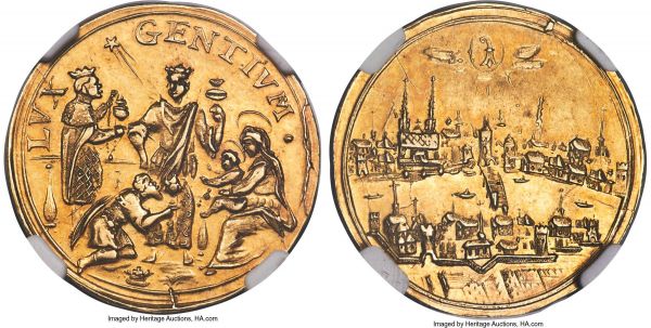 Lot 30635 > Basel. City gold 2 Ducats ND (1680-1700) AU55 NGC, KM-Unl, Fr-85. 6.68gm. An elaborately-designed issue showing an elevated city view with the iconic arms of Basel in the radiant clouds above. The reverse illustration is equally engaging, showing the popular narrative of the birth of Christ, with three gift-bearing magi greeting the newborn Jesus. Because of this depiction, this issue is sometimes referred to as the Christmas Ducat. Besides a few die cracks, this offering is without significant detractions and indeed its highpoint softness appears more indicative of a soft strike than circulation wear, its fields reflective and with a pale peach tone. An undeniably beautiful and very rare type. 