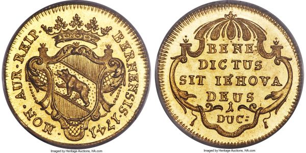 Lot 30637 > Bern. City gold Ducat 1741 MS66 PCGS, KM103, Fr-172, HMZ-2-215d. An impressive piece in staggering quality given its age, its molten gold surfaces superbly struck and watery in texture. The finest specimen we have yet had the privilege of handling. From the Caranett Collection